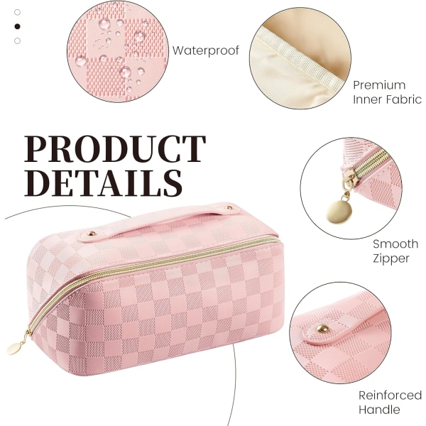 Makeuptaske - Kosmetisk rejsetaske med stor kapacitet til kvinder, multifunktionel åben flad toilettaske med håndtag, Pink