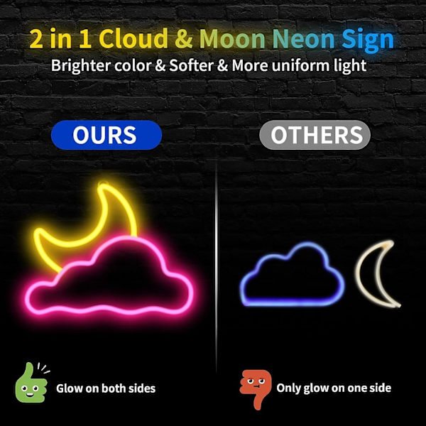 Neon skylt, moln och måne för väggdekor USB-driven LED-neonskyltar för sovrum barnrum bröllopsfestdekoration, ljusstyrka justerbar-rosa gul
