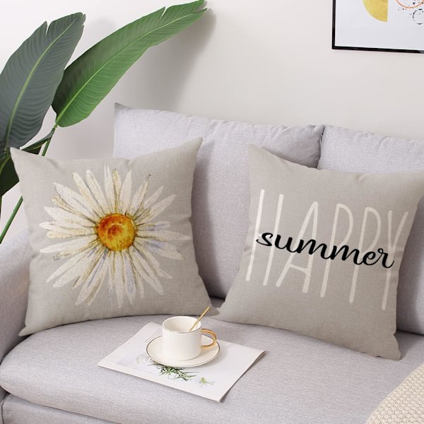 Sommarkuddfodral 18x18 Set om 4 Gårdshus Kuddfodral i Linne Blommig Dekorativt Kuddfodral för Soffa Säng Utomhus Terrass Vardagsrum
