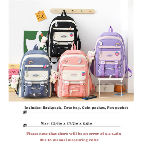 4 st canvas skolväska med söta hängen pins tillbehör för tonårsflickor estetisk ryggsäck axelväska tote väskor dagryggsäck för tillbaka till skolan-lila