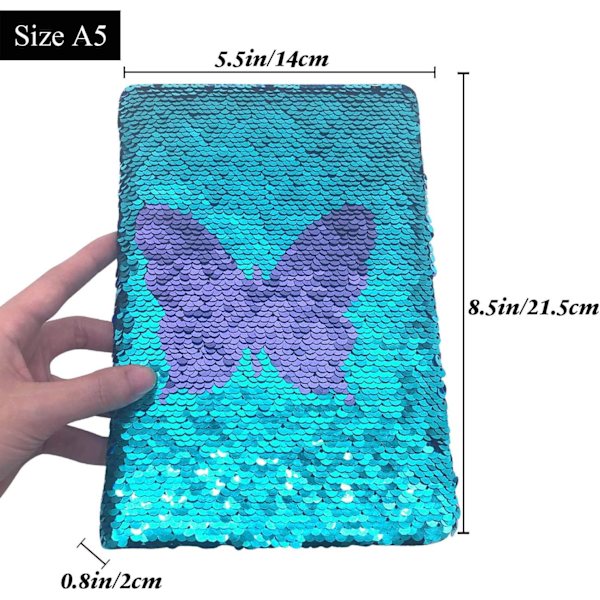 Sequin-dagbog til piger, Butterfly Reversible Flip Sequence Notebook til teenagere i førskolen til at skrive, tegne, rejsegaver (lilla-blå)