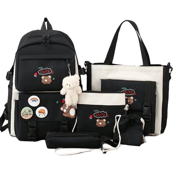 5 stk sæt Kawaii rygsæk med søde plys vedhæng & badge, 19 gallon kapacitet skoletaske Sød æstetisk rygsæk-sort