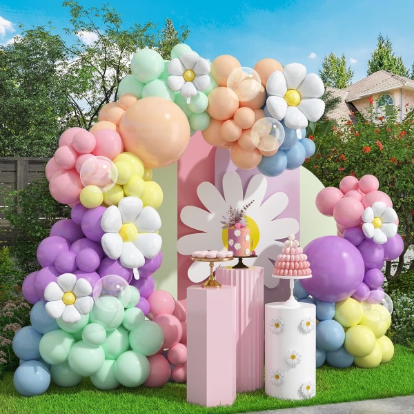 Groovy Daisy Flower Balloons - 114 st Pastell Rainbow Balloon Arch Garland Kit - Clear Bubble & Bobo Balloons - Perfekt för födelsedag, baby shower