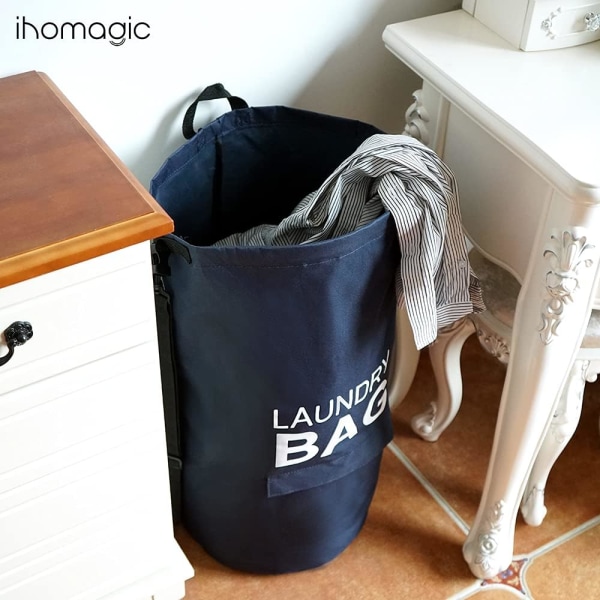 71L stor sammenfoldelig vasketøjskurv med lomme og skulderrem - hængende stofvasketøjskurv med håndtag (mørkeblå)