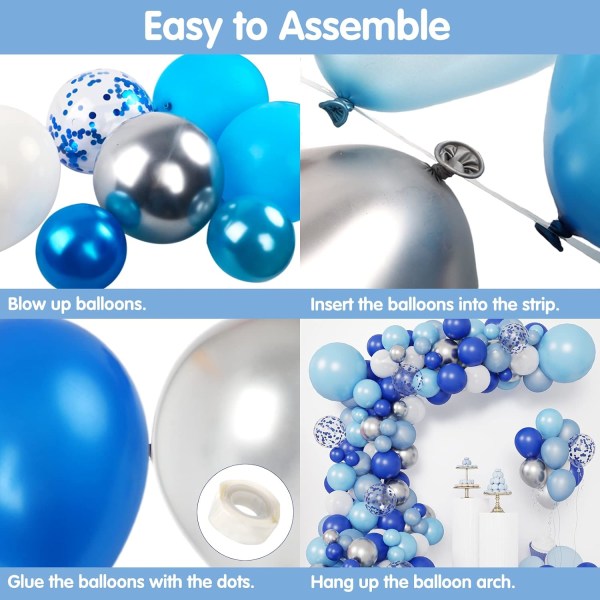 130 kpl Blue Balloons Garland Arch Kit, Royal Blue ja Baby Blue Valkoinen kromi suikale Ilmapallokaari suihkuun Syntymäpäivän valmistujaisjuhlakoristeisiin