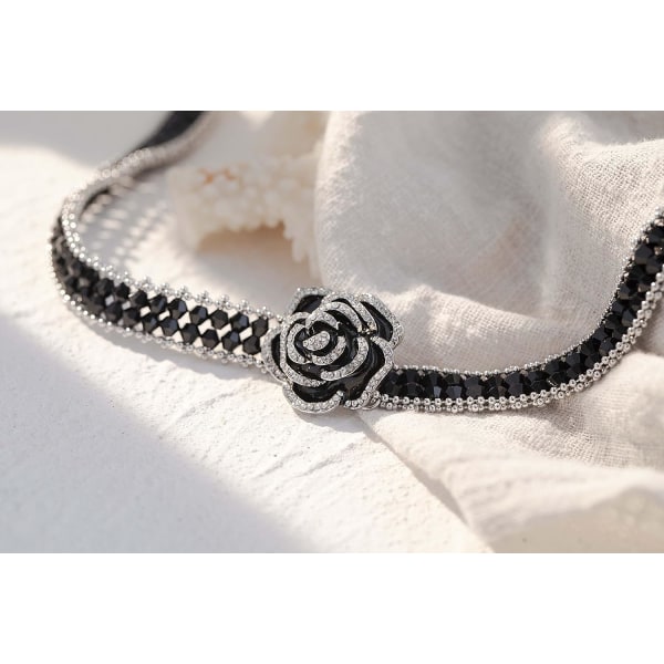 Black Flower Crystal Chunky Choker Halsband för kvinnor Rose Diamond Costume Collar Jewlery, Middle