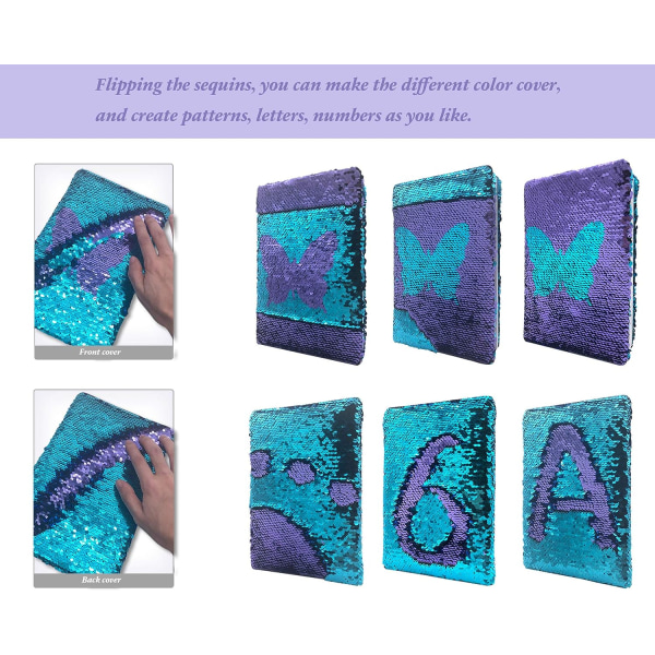 Sequin-dagbog til piger, Butterfly Reversible Flip Sequence Notebook til teenagere i førskolen til at skrive, tegne, rejsegaver (lilla-blå)