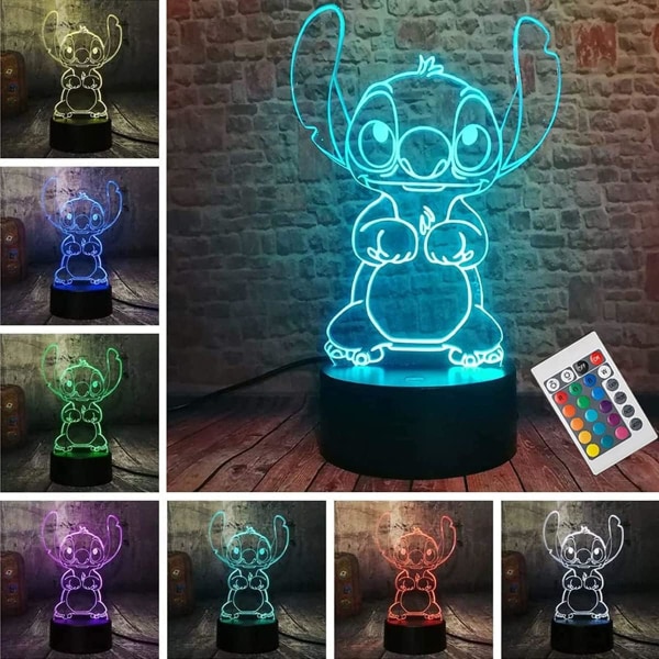 1 stk Stitch Night Light- Lilo og Stitch 3D LED Smart Fjernbetjening Stitch Lampe 16 farver julesøm gave