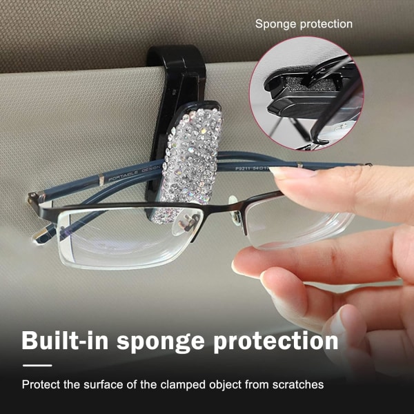 2 PCS Glasses Holders for Car Sun Visor, Bling Crystal Rhinestones Eyeglasses Clip Hanger Mount with Ticket Card Clip for Women Girls(Black)