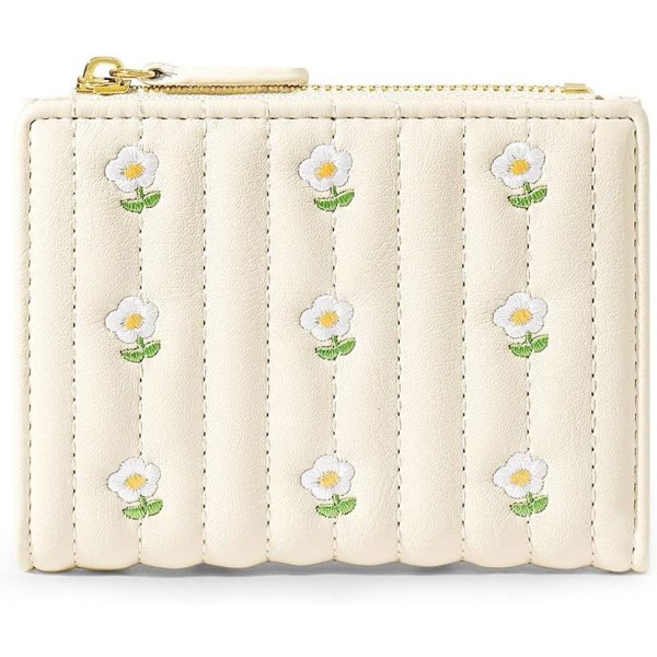 Liten plånbok för tjejer Kvinnor Trevikt plånbok Kontantficka Korthållare Myntväska med ID-fönster elegant ungdomlig och söt -blommor-vit