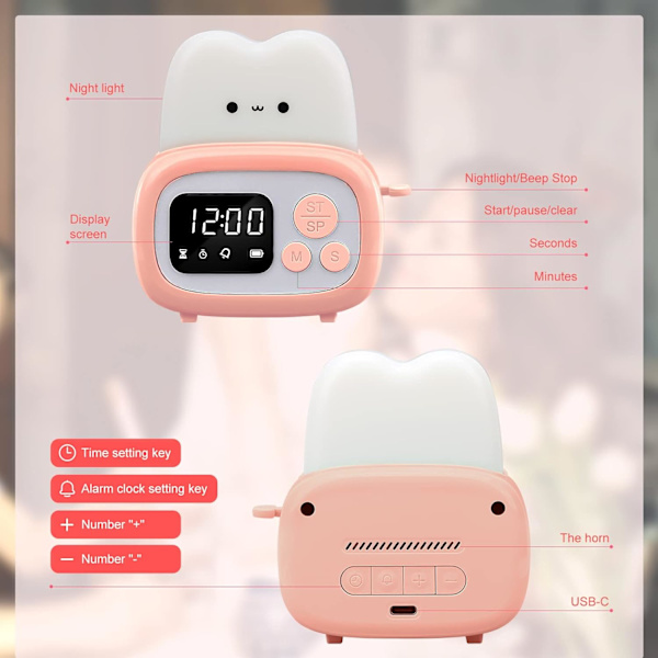 Lille timer ur toastlampe, sød natlampe med tidsstyringsværktøj og bordur alarm digital timer til børn, børnelampe gaver-Pink