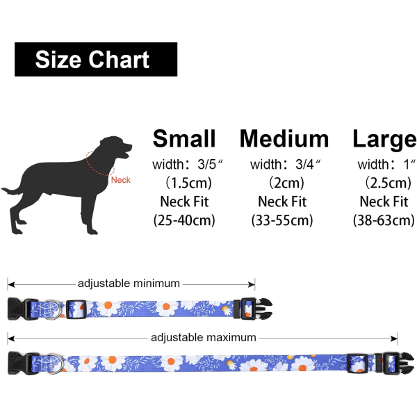 Hundehalsbånd, modemønster med lynspænde, klassisk justerbar nylonhalsbånd til små, mellemstore og store hunde (M, Daisy)