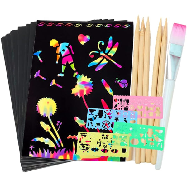 Scratch Paper Art Supplies, Art Kit -lahjat, Rainbow Scratch -piirustuspaperi Taide- ja askartelusarjat: 50 paperiarkkia, 5 bambukynää, 4 malliviivoja