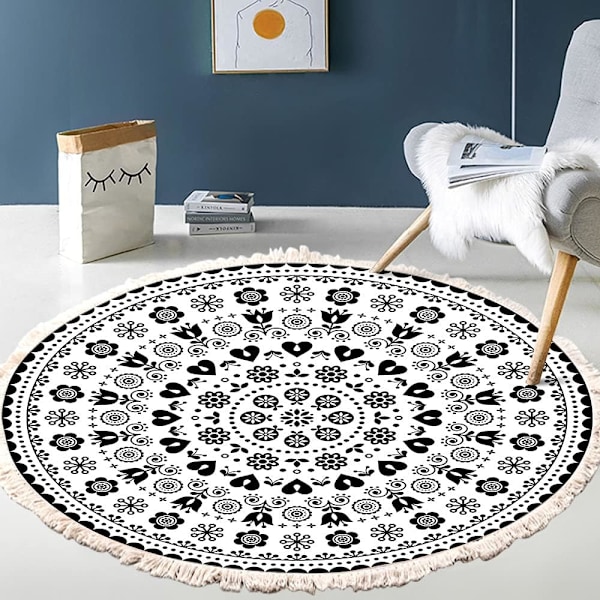 Käsinkudottu pyöreä puuvillamatto Mandala-kuvio Boheemi Vintage-tyyli Pompomeilla Konepestävä Makuuhuone Käytävä Olohuone Pöytä 60cm Kukka