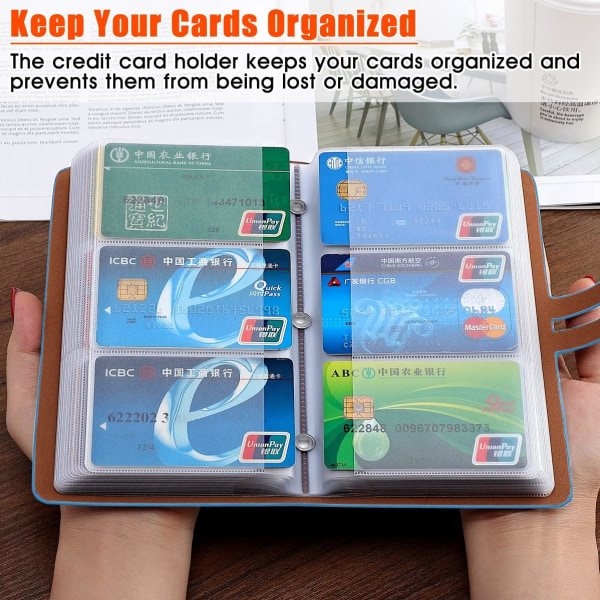 Kreditkortshållare Visitkortshållare i läder med 96 kortplatser för att hantera dina olika kort och dokument och förhindra förlust eller skada (ljusblå)