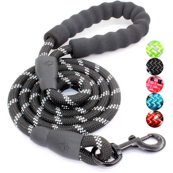 Hundehalsbånd med komfortabelt polstret håndtak og svært reflekterende tråder for små, mellomstore og store hunder (6FT-1/2'', svart)