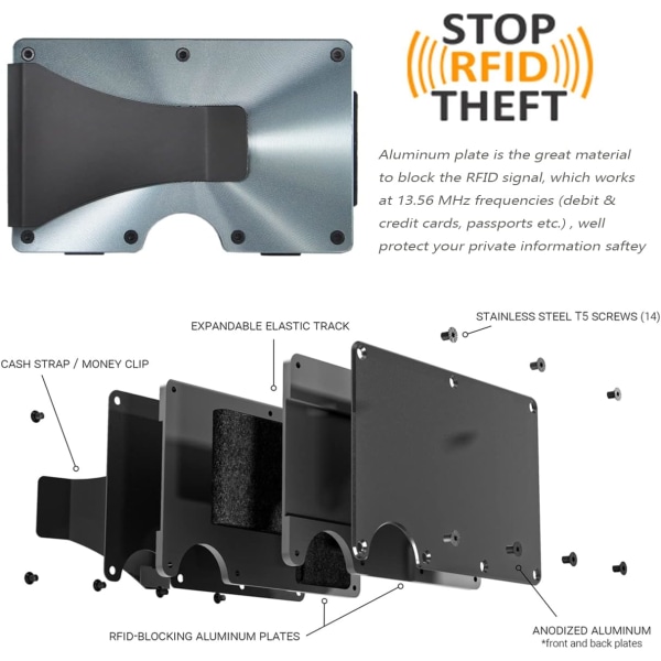 Metalpunge til mænd med Pengeclips - Slank Minimalistisk Aluminum Wallet Kreditkortholder RFID-blokering (Cd Raised Grain, Grå)