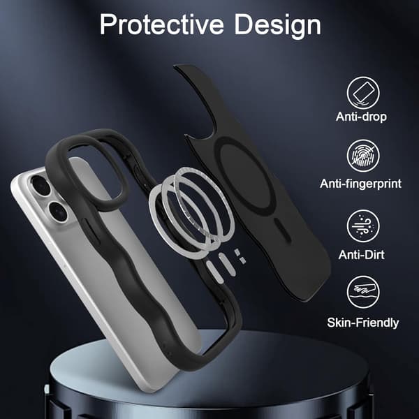 Magnetic Case for iPhone, Cute Case Compatible with MagSafe, Clear Wave Design Wavy Matte Phone Case Black 15plus