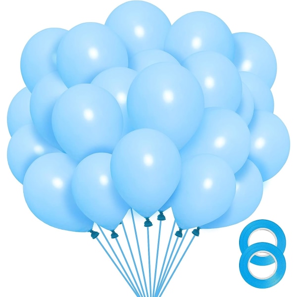 Ljusblå ballonger 12 tum, 100-pack baby latexballonger för baby shower Gender Reveal födelsedagsfestdekorationer (med blått band)