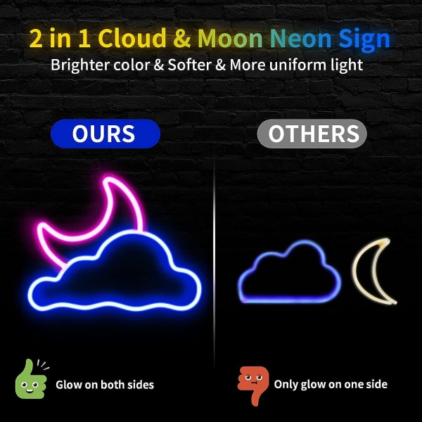 Neon skylt, moln och måne för väggdekor USB-driven LED-neonskyltar för sovrum barnrum bröllopsfestdekoration, justerbar ljusstyrka - rosa blå