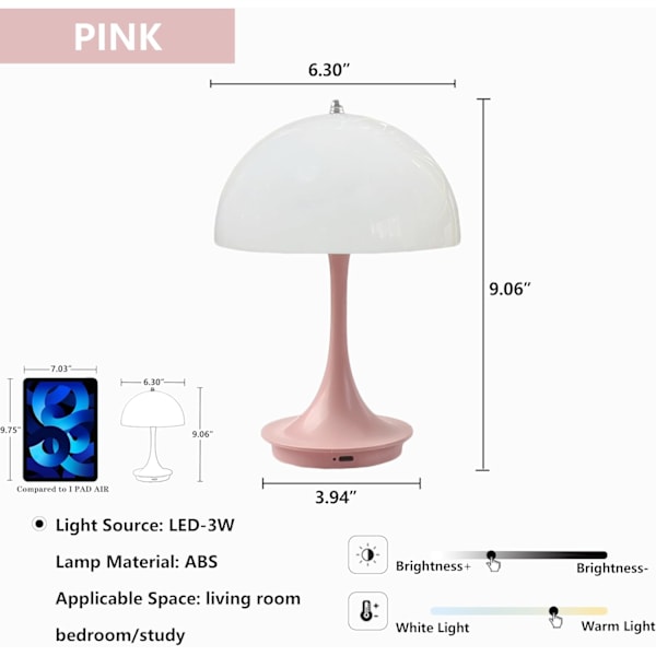 Langaton Kannettava Ladattava Pieni Sienimäinen Työpöytälamppu Söötti Mini Himmennettävä Kosketus Akun LED-Pöytälamppu Pink