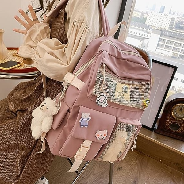 Kawaii Backpack with Cute Pin Accessories Plush Pendant Kawaii School Backpack Cute Aesthetic Backpack Pink