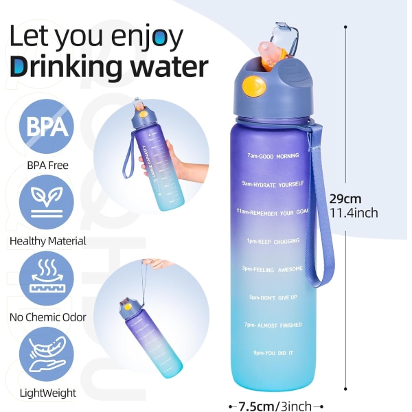 Vandflaske 1L, Sportsvandflaske med halm og tid, drikkedunk, Lækagesikker, BPA-fri til Running Gym Cykelkontor og skole