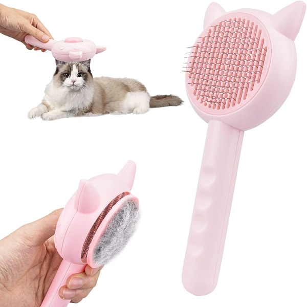 Pet Grooming Brush, Pet Hair Cleaner Remover Brush Selvrensende kattepleiebørste for korte, langhårede katter Hundefelling med renseknapp (rosa)