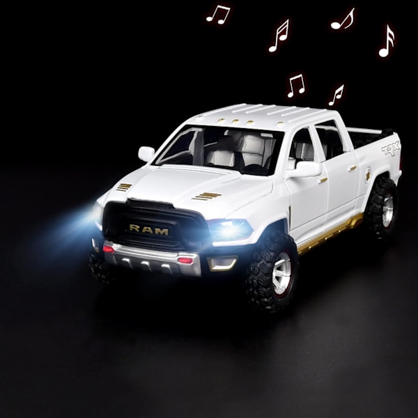 RAM 1500 lava-autolelut pojille 4-7-vuotiaille, painevalettu metallimalliautot, avattavat ovet, vetämällä taaksepäin leluautot valoilla ja äänillä, lahja, valkoinen