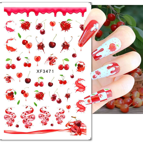 6 ark Cherry Nail Art-klistremerker Dekaler Fruktdesign-klistremerker Selvklebende dekaler Kirsebær-sløyfe negleklistremerker for DIY-manikyrdekorasjon
