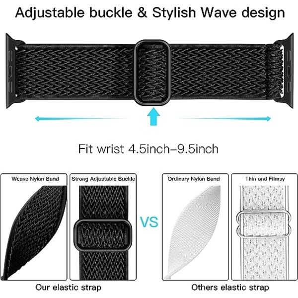 Elastiska band som är kompatibla med Apple Watch -band, Stretchy Solo Loop Mjukt nylon för kvinnor Män/Svart/Storlek: 38/40/41 mm