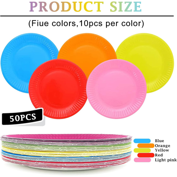 Sett med 50 DIY-tallerkener, runde DIY-fargede papirtallerkener Engangs-festtallerkener Flerfargede biologisk nedbrytbare papirtallerkener for fester og piknik