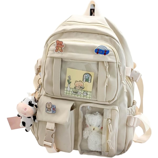 Kawaii-rygsæk med Kawaii-nål og tilbehør Rygsæk Sød æstetisk rygsæk Sød Kawaii-rygsæk til skole (hvid)