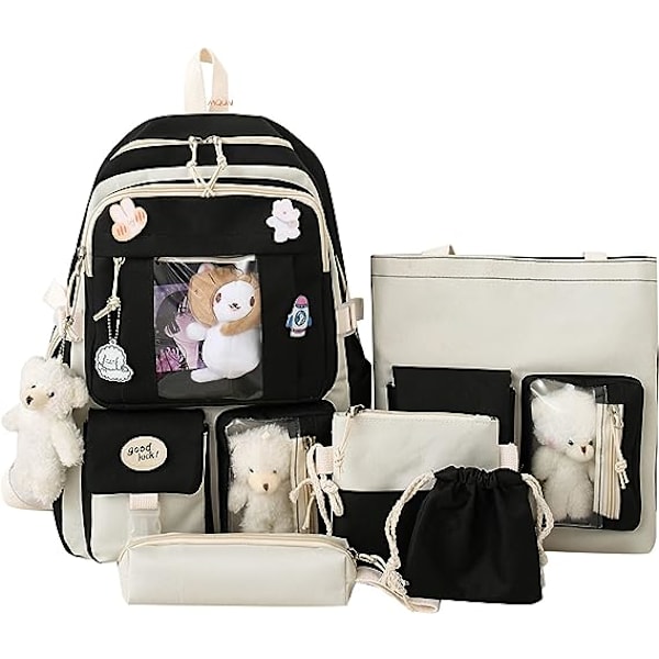 Kawaii Ryggsäck set 5 st Estetiska Skolväska söt ryggsäck set med Hänge Lunchväska, Pennfodral, Handväska, Myntväska-svart