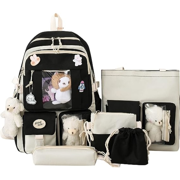 Kawaii rygsæk sæt 5 stk æstetiske skoletasker sødt rygsæk sæt med vedhæng madpose, penalhus, håndtaske, møntpung-sort
