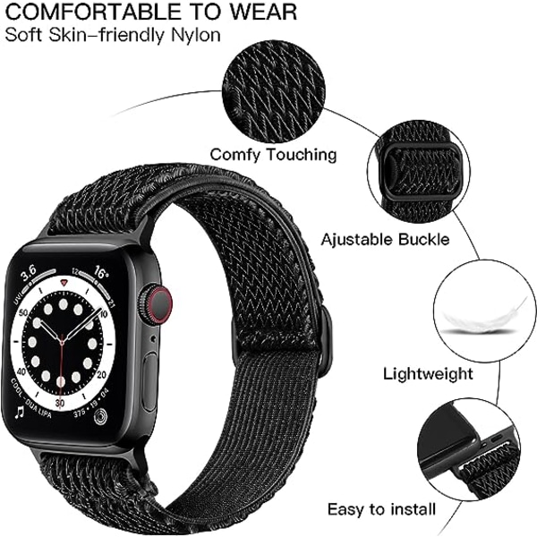 Elastiska band som är kompatibla med Apple Watch -band, Stretchy Solo Loop Mjukt nylon för kvinnor Män/Svart/Storlek: 49 mm