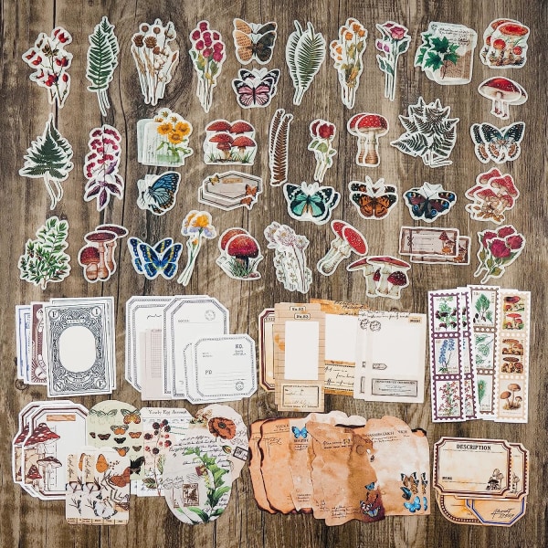 Vintage Scrapbooking rekvisitapakke (200 stykker) for søppeljournalføring Bullet Journaling Planner Botanisk papirklistremerke Craft Kit Estetisk