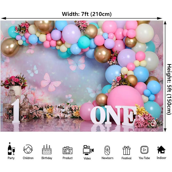 Wonderland Flowers Butterfly Balloons Bakgrunn for 1. Fødselsdag Kake Smash Dekor Bakgrunn Foto Studio Fotografering Bakgrunn Fotoshoot 7x5ft