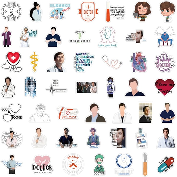 50 kpl The Good Doctor -tarroja teini-ikäisille ja aikuisille, kannettava tietokone, amerikkalainen TV-sarja vinyyli vesipulloille, leikekirja, auto, puhelin, rullalauta, pyörä, matkatavarat, puskuri