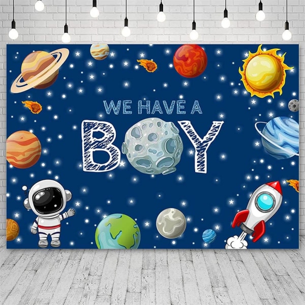 7x5ft Rumtema Baggrund til Dreng Baby Shower Galaxy Planet Astronaut Raket Måne Foto Køn Afsløre Baggrund Væg Dekoration Banner