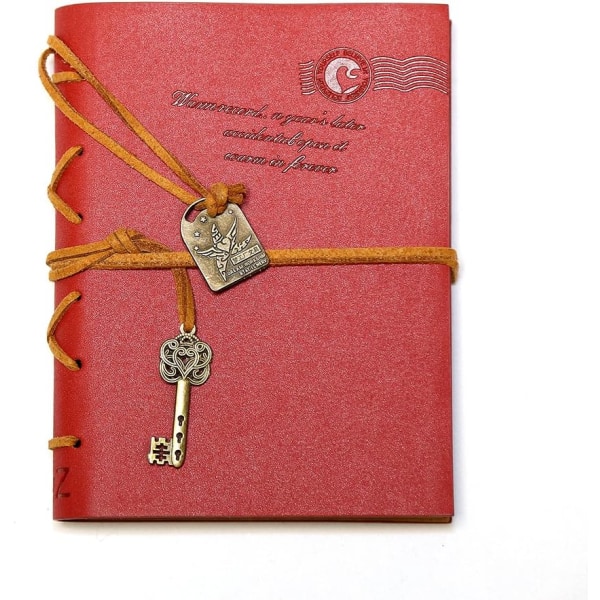 Journal Dagbog Streng Nøgle Retro Vintage Klassisk Læder Indbundet Notebook, Rød