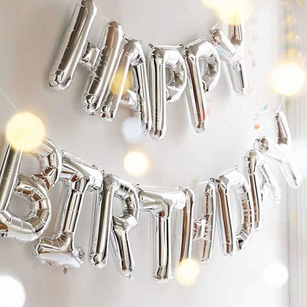 Sølv tillykke med fødselsdagen balloner banner, 16 tommer mylar folie bogstaver skilt Bunting Genanvendeligt miljøvenligt materiale