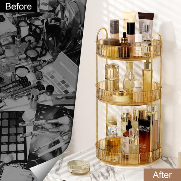 Makeup Organizer - 2 or 3 Drawers Makeup Storage 360° Rotating Makeup Stand Organizer Makeup Tools Gold 3 våningar