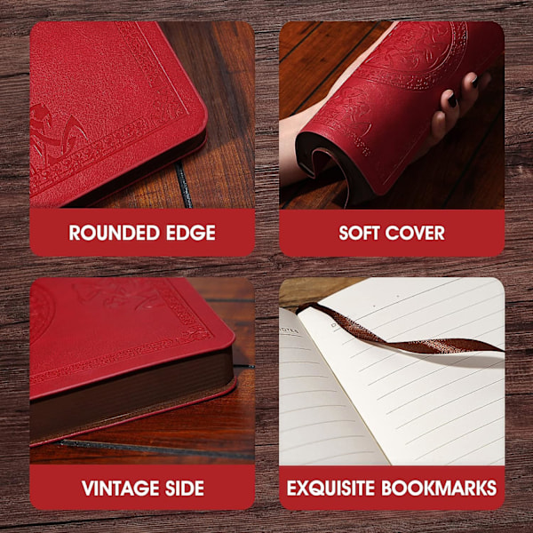 Læder Vintage Journal til Mænd Blød Omslag 256 Linjerede Sider Notebook 180 Lay Flat til Skrivning Rejsedagbog, 5,7'' x 8,3'', Rød