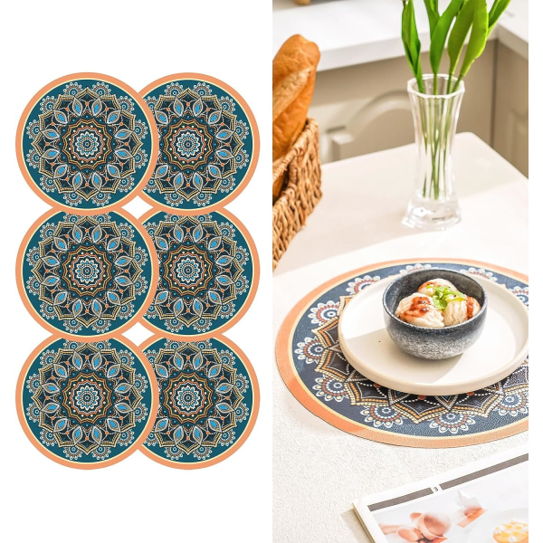 Bohemian Print Round Mandala -paikkamattosetti, PVC, 6 kpl, pestävä, lämmönkestävä, liukumaton pöytämatto keittiöön (B)