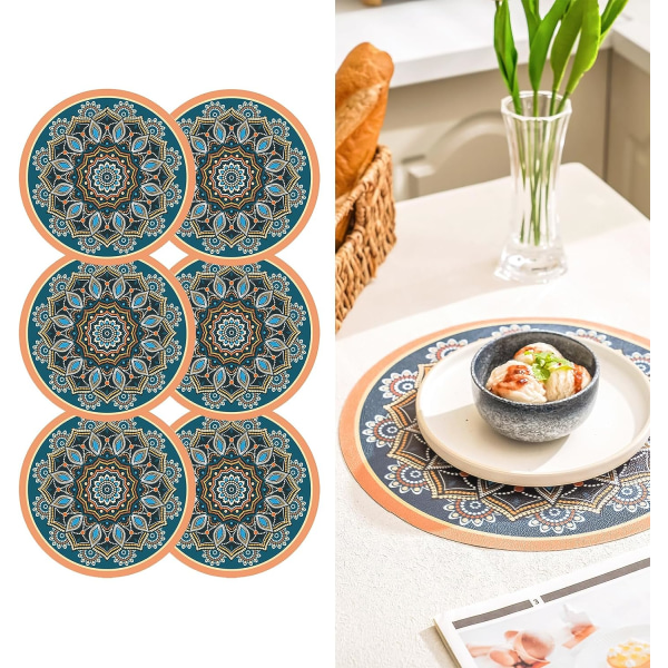 Bohemian Print Runda Mandala Bordstabletter PVC Set med 6 bordstabletter Tvättbar Värmebeständig halkfri bordsmatta för kök(B)