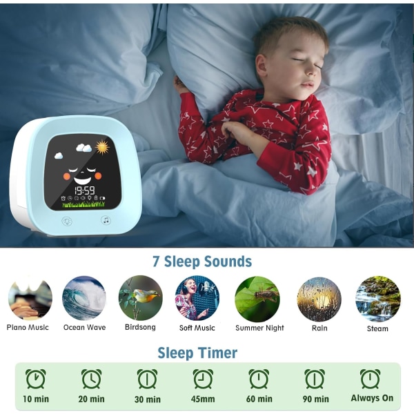 Børnevækkeure, sødt vækkeur til børns søvntræningsur med lydmaskine, Natlys, Nap Timer, Digital Wake Up Clock