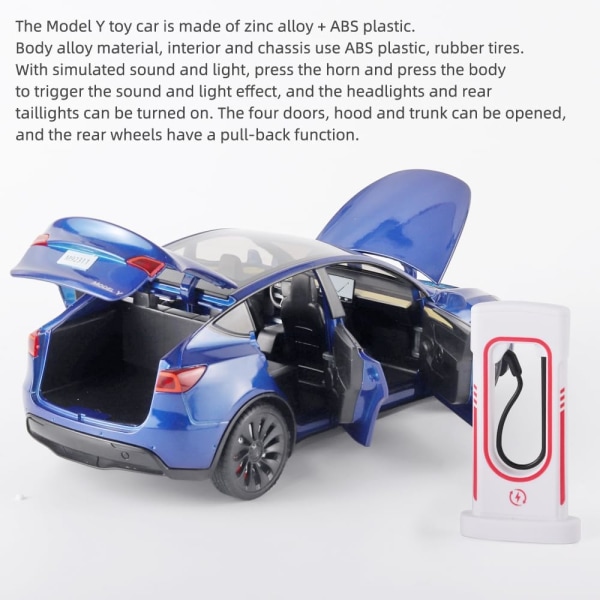 Modellbilar Model Y 1/24 Zinklegering Diecast Metallmodellbil, Pull Back Leksaksmodell med Ljus och Musik, (Modell Y Blå)