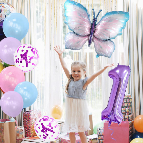 Butterfly First Fødselsdagspynt til piger, Butterfly Fødselsdagspynt, 9 stk. Nummer 1 Sommerfugleballoner Butterfly Decor(en)