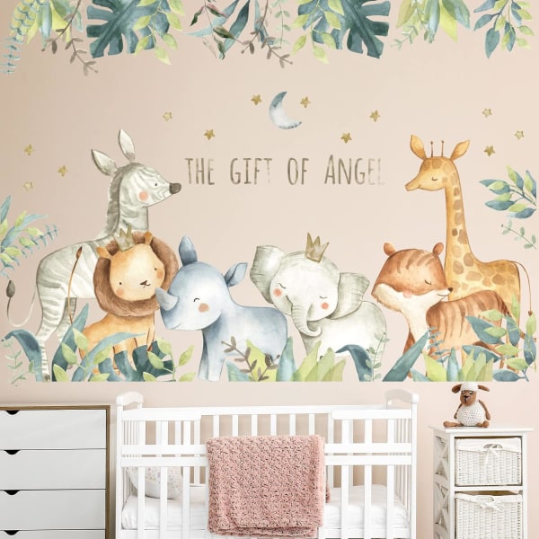 Animals Wall Sticker Grønne Blade Wall Decal Søde Elefant Giraf Zebra Wall Decals Tegneserie Måne Stjerner Wall Mural til Børneværelse Børneværelse